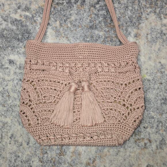 The Sak Backpack Womens Small Pink Crochet Tassel Drawstring Boho Purse Bag - Picture 2 of 10